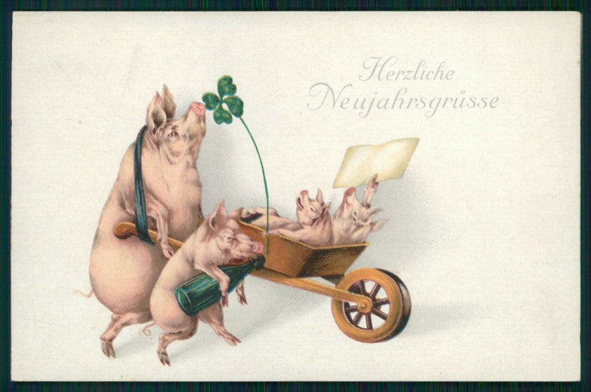 Pig Happy New Year Four Leaf Clover Good Luck 1730 postcard TC5010 – fronte