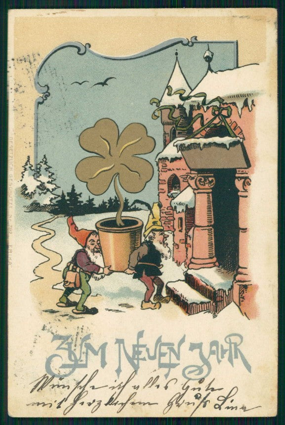 Gnomo Gnome Zwerge Dwarf Happy New Year Four Leaf Clover ERIKA postcard TC5027 – fronte