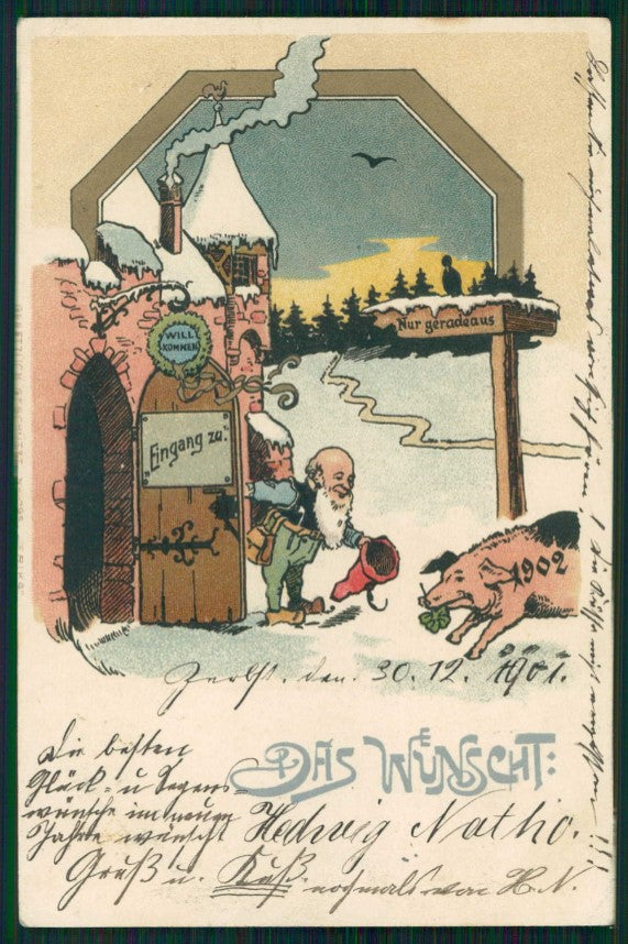 Gnomo Gnome Zwerge Dwarf Pig 1902 Four Leaf Clover ERIKA postcard TC5028 – fronte