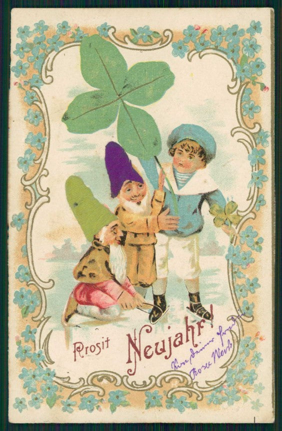 Gnomo Gnome Zwerge Dwarf Happy New Year Four Leaf Clover Silk postcard TC5029 – fronte