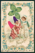 Gnomo Gnome Zwerge Dwarf Happy New Year Four Leaf Clover Silk postcard TC5030 – fronte