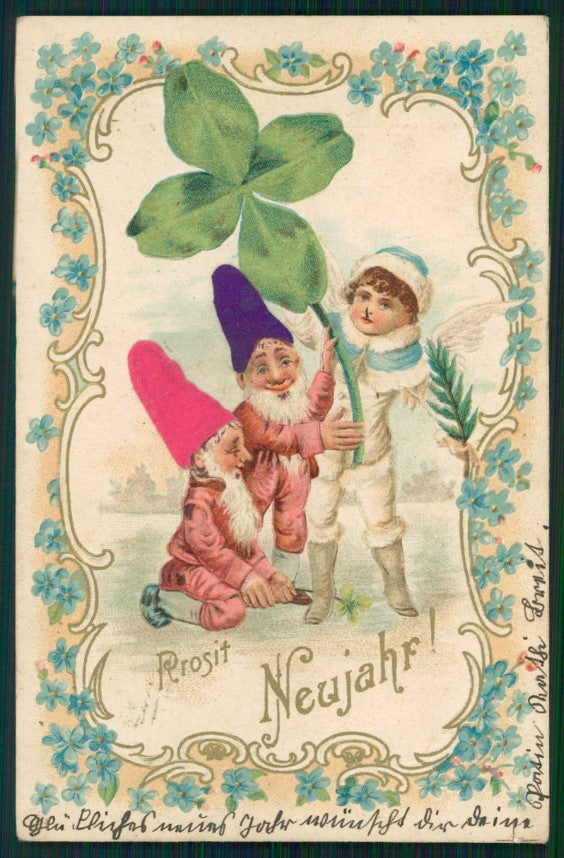 Gnomo Gnome Zwerge Dwarf Happy New Year Four Leaf Clover Silk postcard TC5030 – fronte