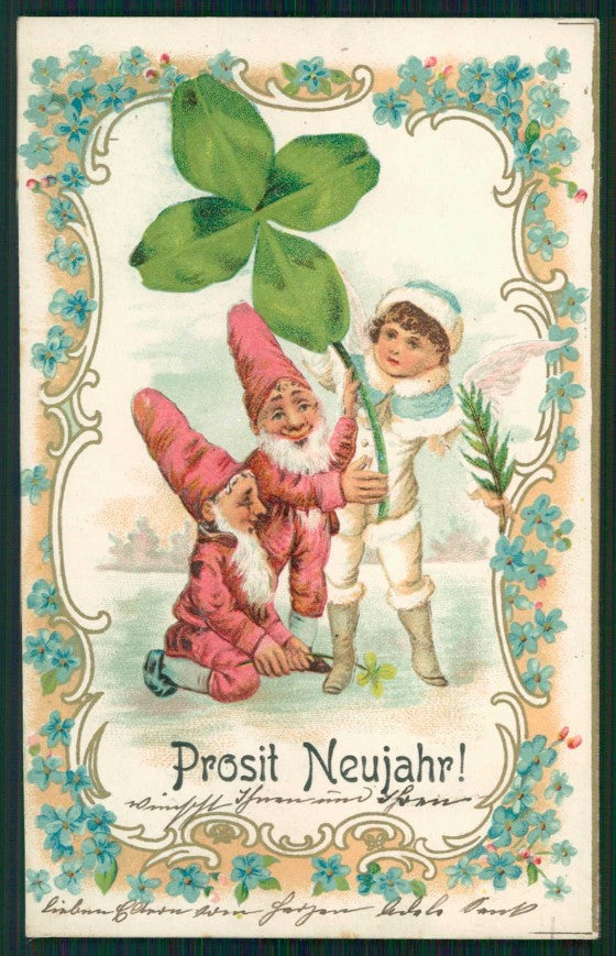 Gnomo Gnome Zwerge Dwarf Happy New Year Four Leaf Clover postcard TC5031 – fronte