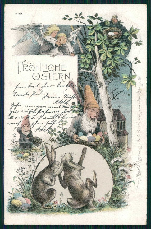 Easter Pasqua Rabbit Gnomo Gnome Zwerge Dwarf 1487 postcard TC5046 – fronte