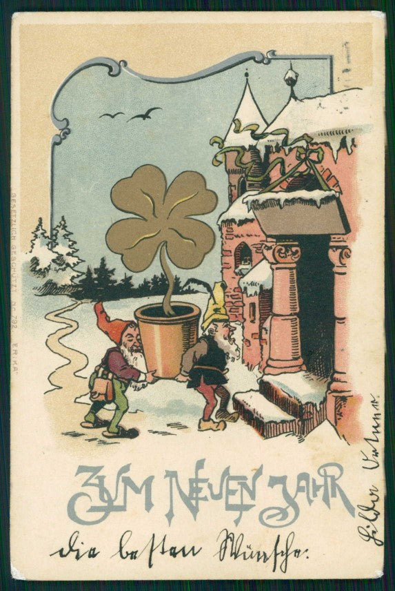 Gnomo Gnome Zwerge Dwarf Four Leaf Clover ERIKA 792 postcard TC5061 – fronte