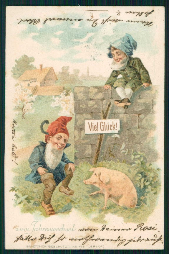 Gnomo Gnome Zwerge Dwarf Pig ERIKA 745 postcard TC5066 – fronte
