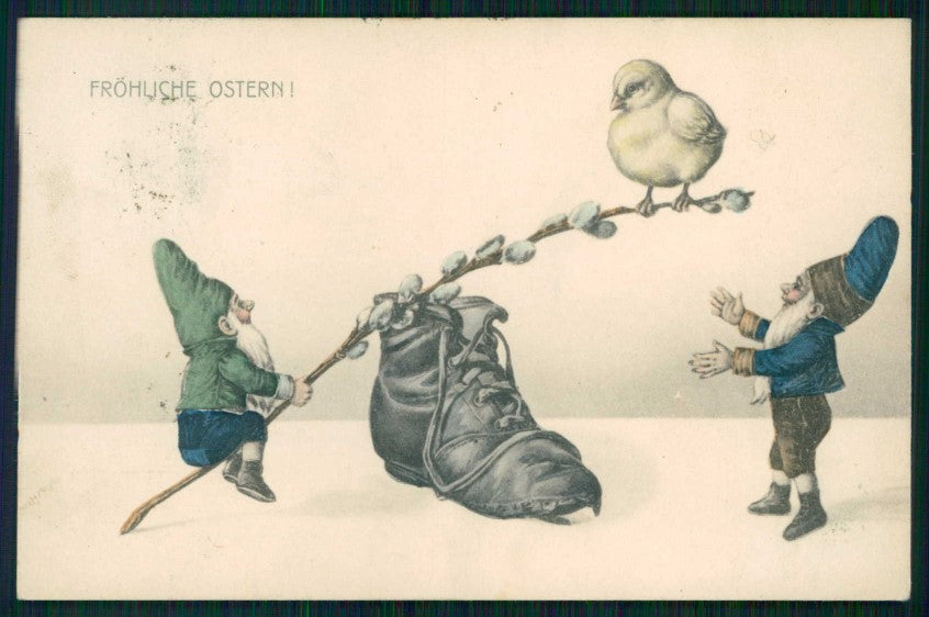 Easter Pasqua Gnomo Gnome Zwerge Dwarf Chick Shoe 492 postcard TC5075 – fronte