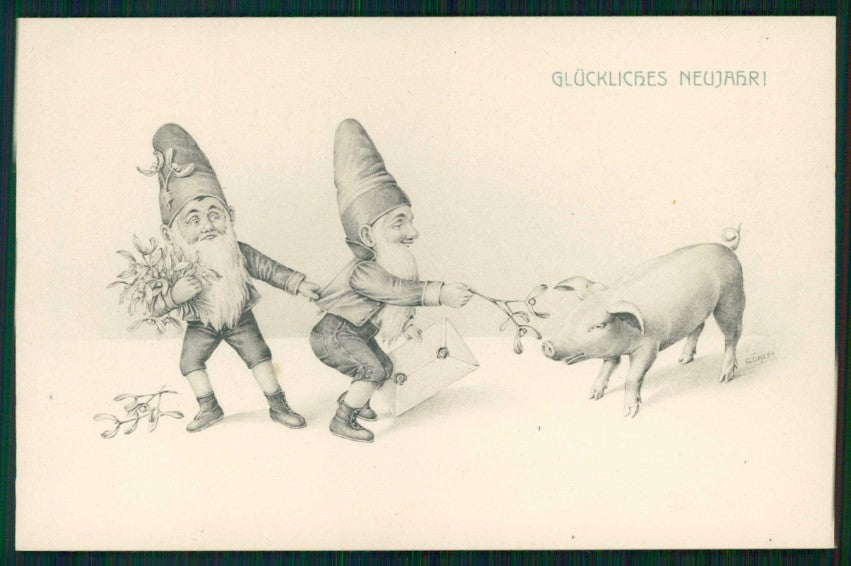 Artist Signed Ohler Gnomo Gnome Zwerge Dwarf Pig Viennoise 526 postcard TC5076 – fronte