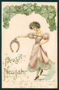Art Nouveau Lady Four Leaf Clover Happy New Year postcard TC5095 – fronte