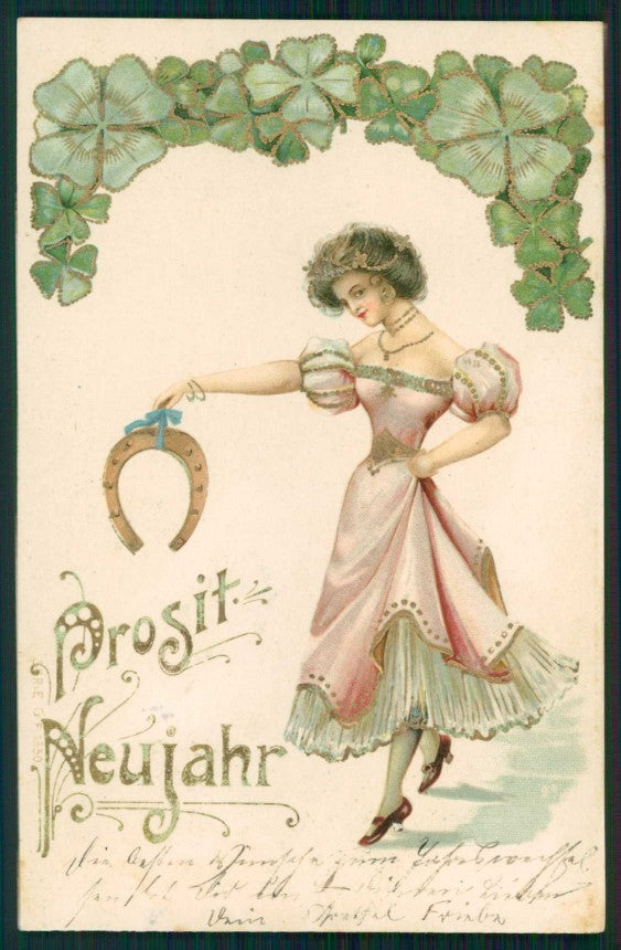 Art Nouveau Lady Four Leaf Clover Happy New Year postcard TC5095 – fronte
