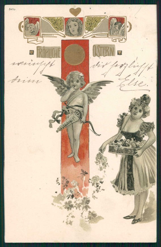 Easter Pasqua Art Nouveau Lady Angel Relief postcard TC5096 – fronte