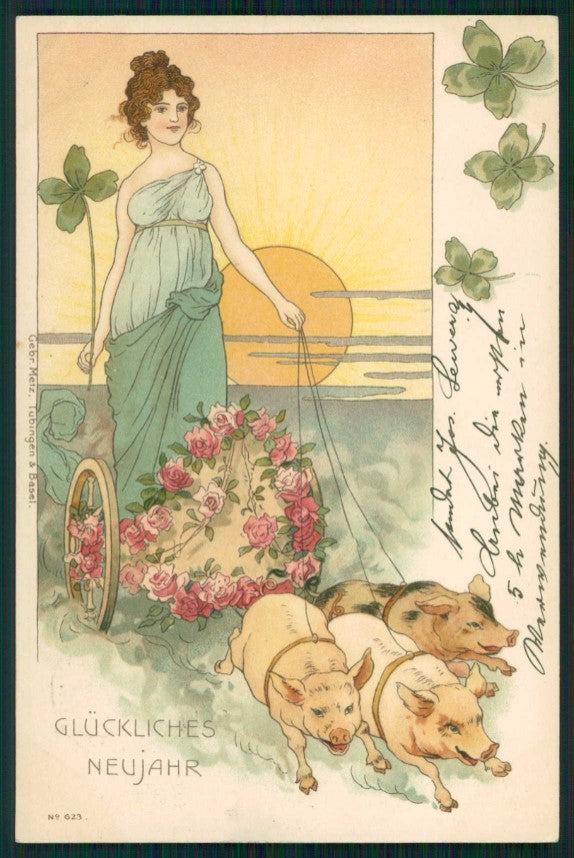 Artist Signed Art Nouveau Lady Pig Four Leaf Clover Happy New Year pc TC5169 – fronte