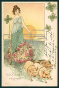 Artist Signed Art Nouveau Lady Pig Four Leaf Clover Happy New Year pc TC5169 – fronte