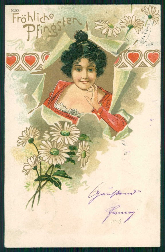 Artist Signed Art Nouveau Lady Pentecoste Pfingsten 5233 postcard TC5170 – fronte