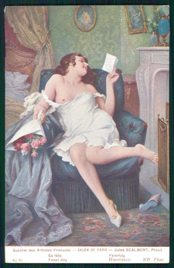 Artist Signed J. Scalbert Risque Nude Lady Salon de Paris postcard TC5326 – fronte