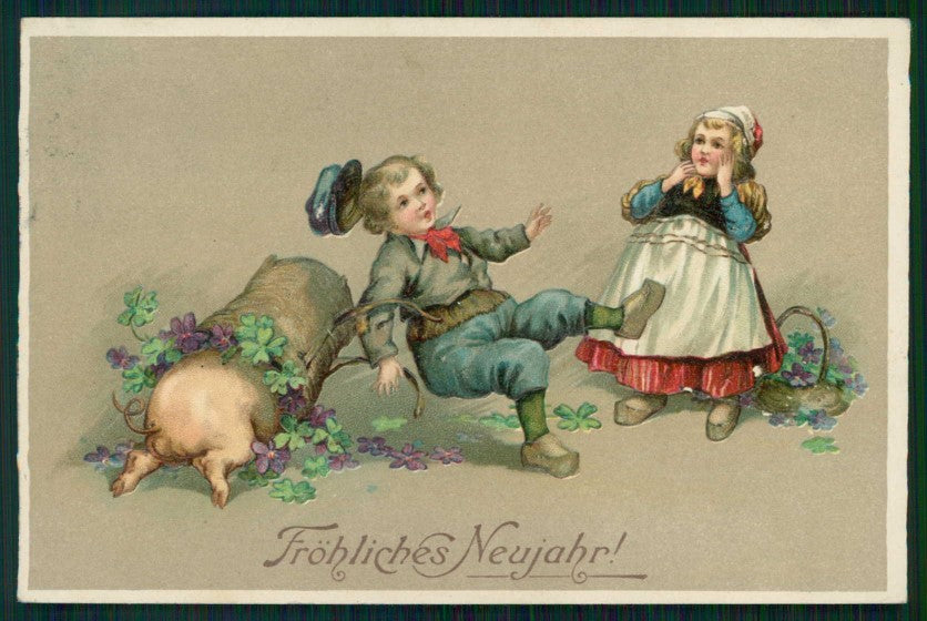 Children Happy New Year Pig Maiale Relief cartolina TC6275 – fronte