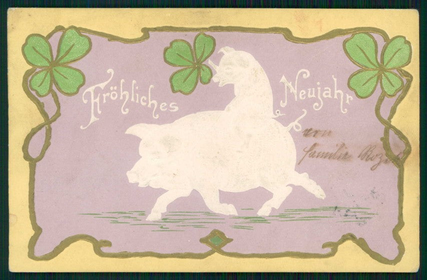 Happy New Year Pig Four Leaf Clover Good Luck Maiale Relief cartolina TC6277 – fronte