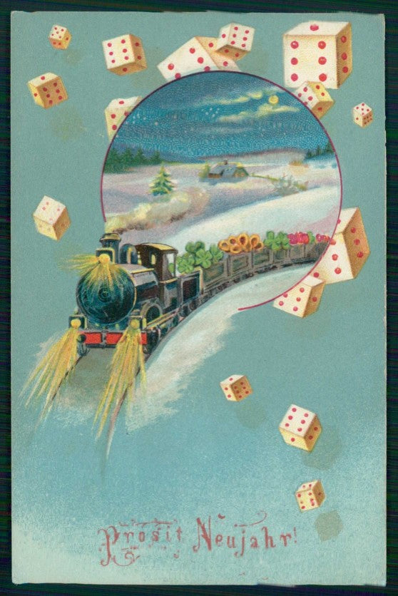 Happy New Year Four Leaf Clover Good Luck Dice Dadi Train cartolina TC6285 – fronte