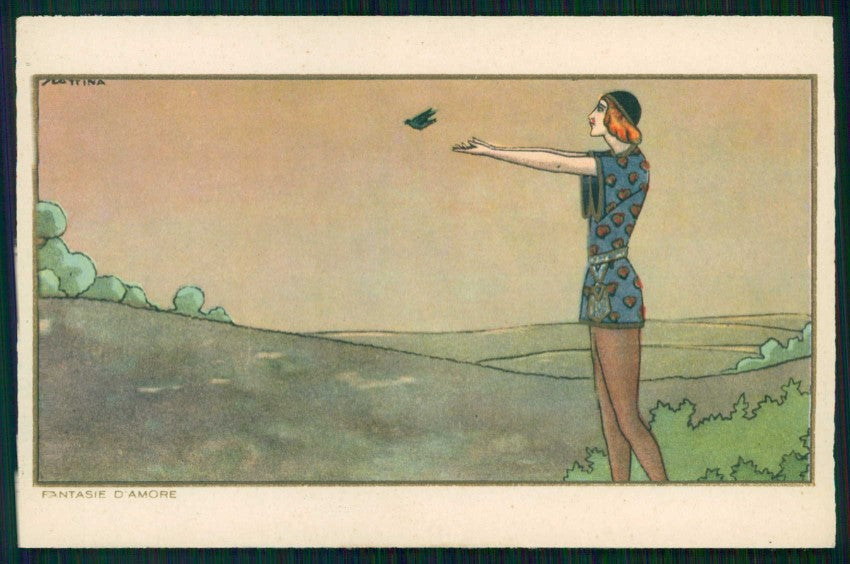 Artist Signed Scattina Art Deco Fantasie d'Amore Sborgi cartolina TC6309 – fronte
