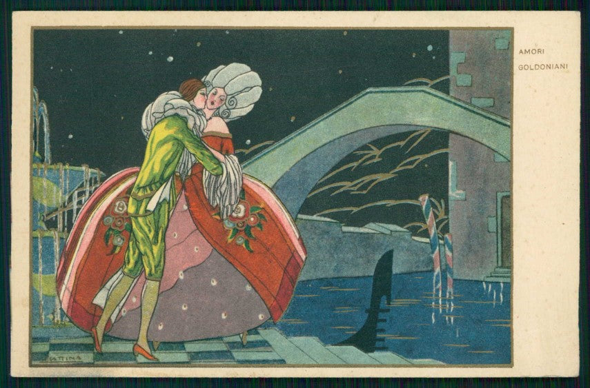 Artist Signed Scattina Art Deco Couple Venezia Sborgi cartolina TC6312 – fronte