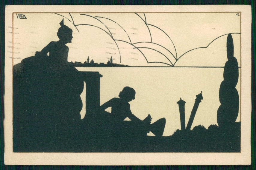 Artist Signed Scattina Art Deco Venezia Silhouette cartolina TC6318 – fronte