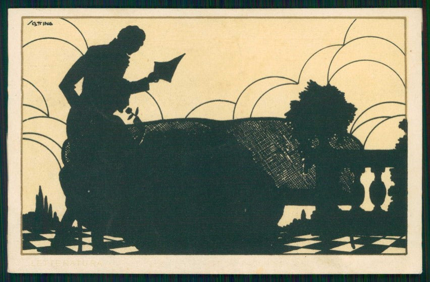 Artist Signed Scattina Art Deco Romantic Couple Silhouette cartolina TC6319 – fronte
