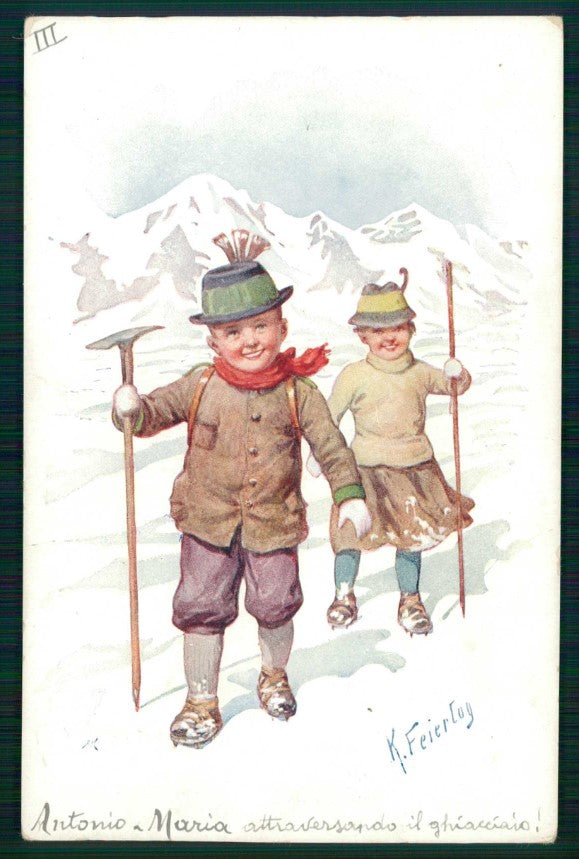 Artist Signed Feiertag Children Alpinismo Montagna B K W I cartolina TC6388 – fronte