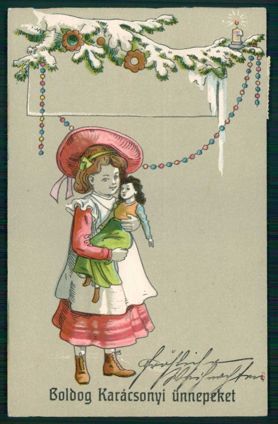 Artist Signed Child Doll Christmas Relief cartolina TC6391 – fronte