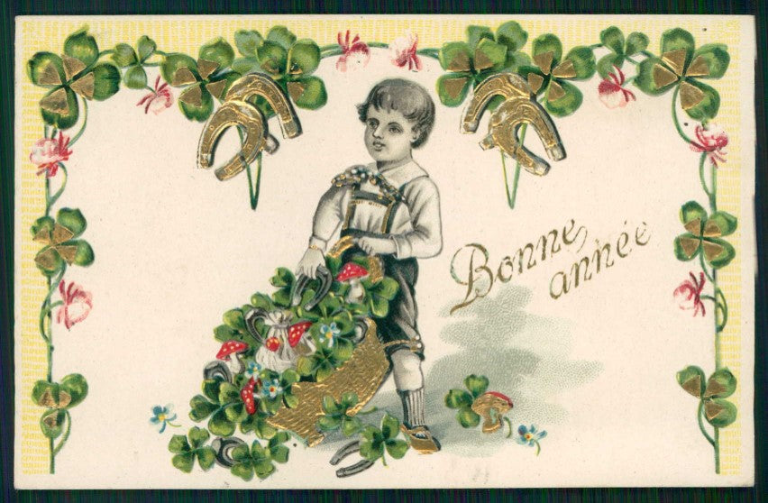 Artist Signed Boy Mushroom Four Leaf Clover Good Luck Relief cartolina TC6440 – fronte