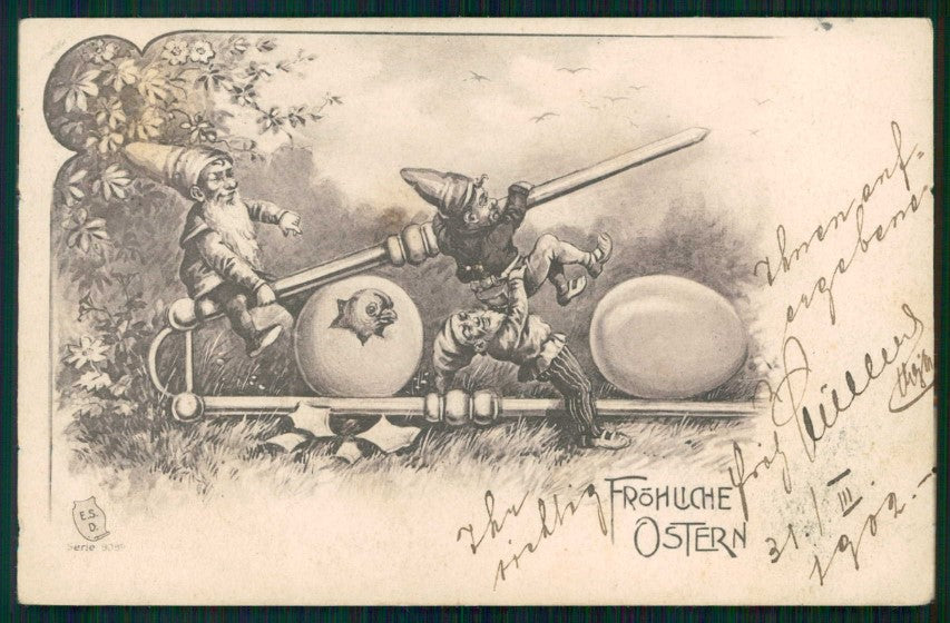 Artist Signed Gnomi Gnome Zwerge Dwarf Easter E S D 8089 cartolina TC6454 – fronte