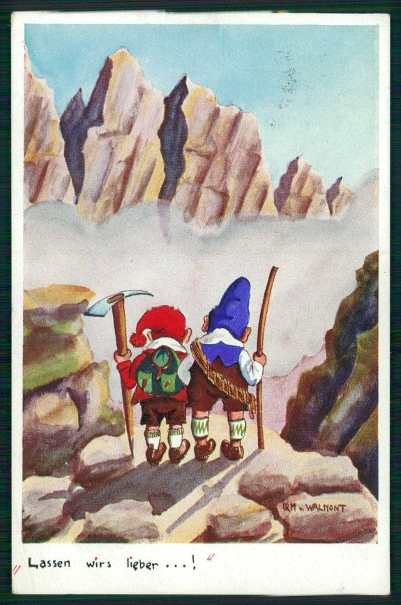 Artist Signed Walmont Gnomi Gnome Zwerge Dwarf Alpinismo cartolina TC6463 – fronte