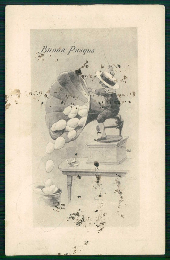 Artist Signed Boy Child Easter Grammofono Buona Pasqua cartolina TC6497 – fronte