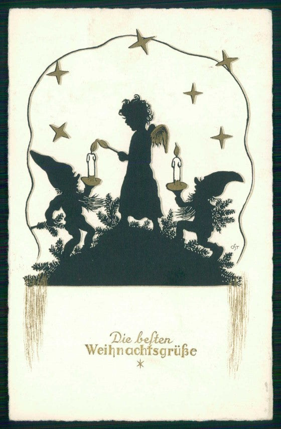 Artist Signed Ost Natale Christmas Angel Gnome Zwerge Dwarf Silhouette pc TC6611 – fronte