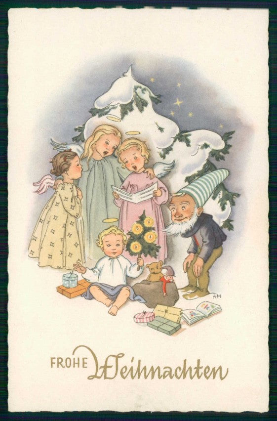 Artist Signed A H Christmas Angel Gnome Zwerge Dwarf Baby Jesus cartolina TC6614 – fronte