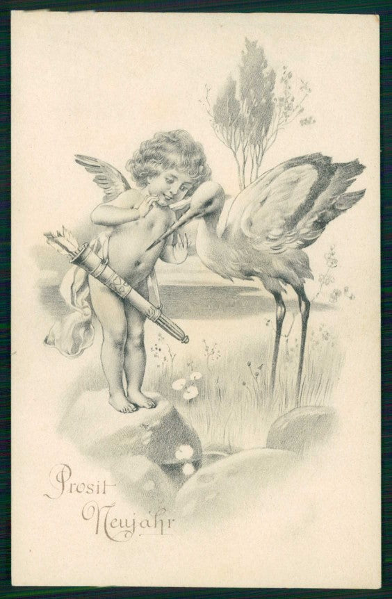 Artist Signed Angel Cupid Stork Art Nouveau cartolina TC6629 – fronte