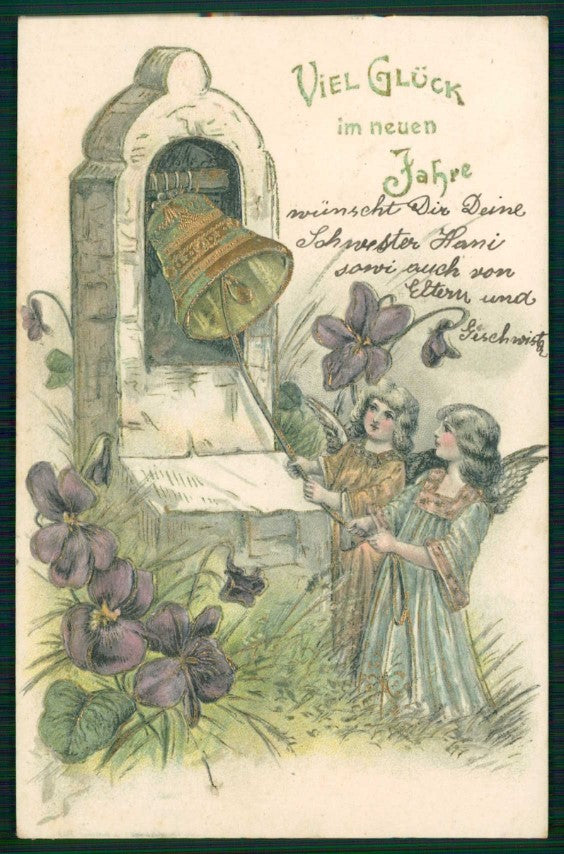 Art Nouveau Angel Purple Violets Relief HOLE FORO cartolina TC6641 – fronte