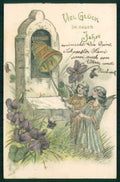 Art Nouveau Angel Purple Violets Relief HOLE FORO cartolina TC6641 – fronte