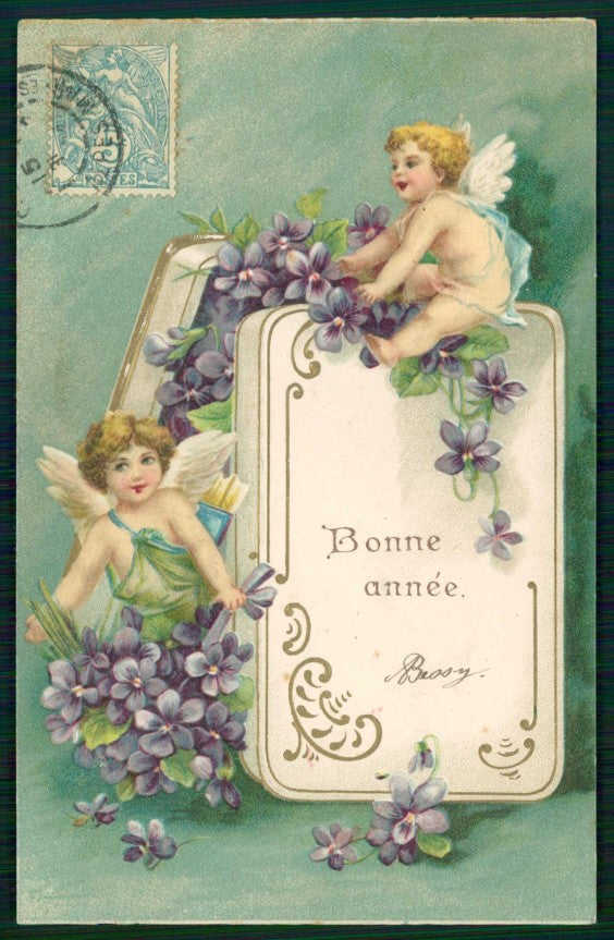 Art Nouveau Angel Purple Violets Relief cartolina TC6642 – fronte