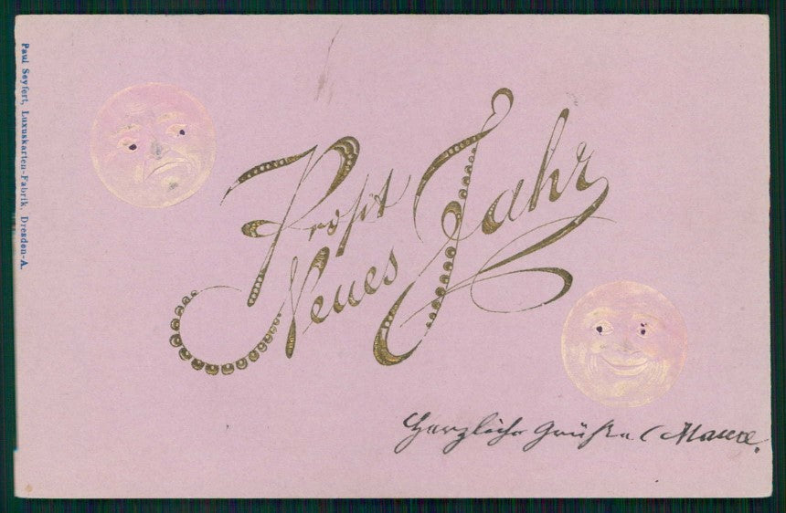 Art Nouveau Happy New Year Paper Moon Relief cartolina TC6667 – fronte