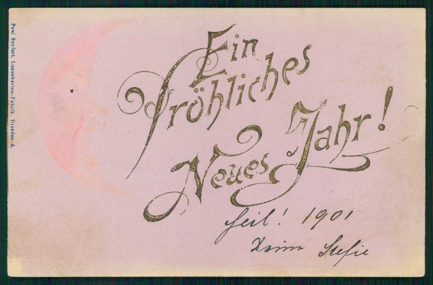 Art Nouveau Happy New Year Paper Moon Relief cartolina TC6668 – fronte