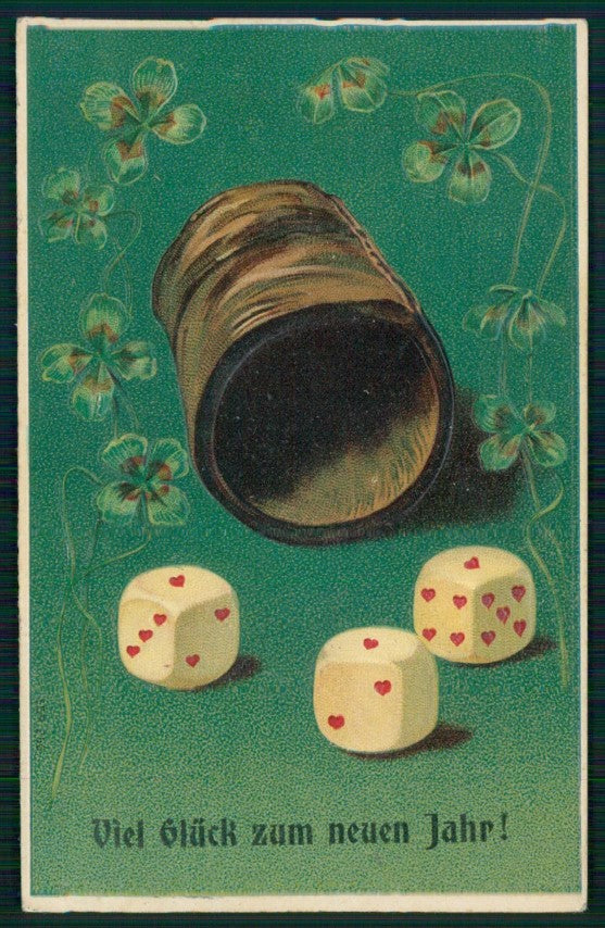 Happy New Year Four Leaf Clover Good Luck Dice Dadi Relief cartolina TC6771 – fronte