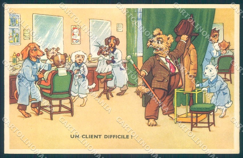 Animals Dog Dachshund Dressed Barber Shop serie 53800-7 postcard TW1037 – fronte