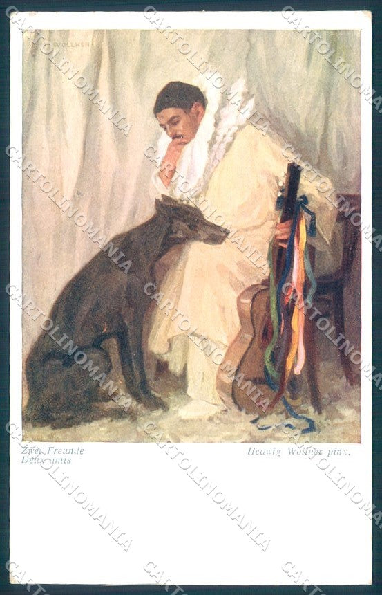 Animals Dog Greyhound Pierrot Guitar Wollner BKWI 1658 cartolina postcard TW1186 – fronte