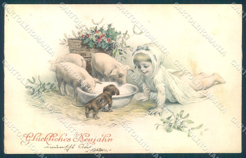 Animals Dog Puppy Pig Child Mistletoe New Year serie 95301 postcard TW1256 – fronte