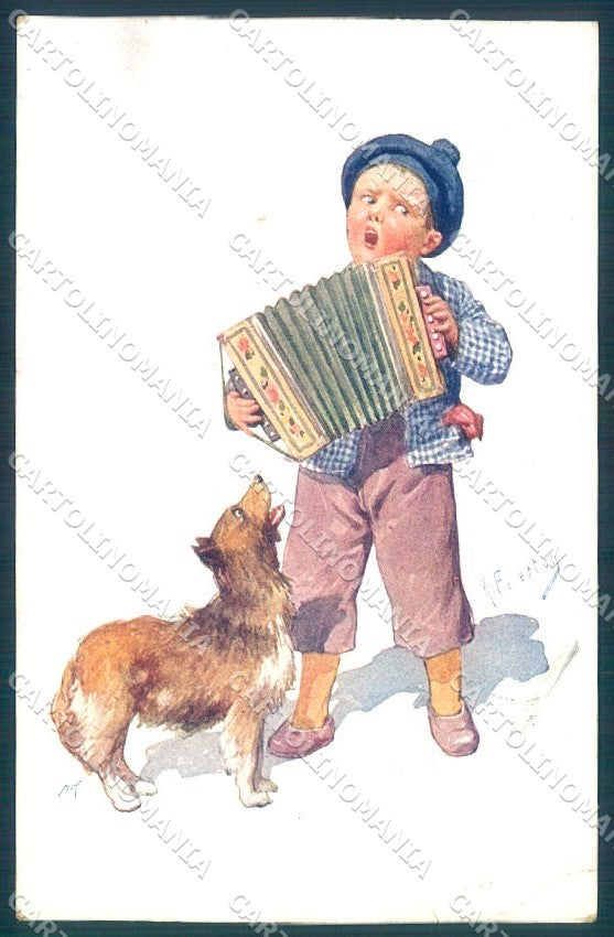 Animals Feiertag Dog Child Playing Barrel Organ BKWI 974 CORNER CREASE pc TW1341 – fronte