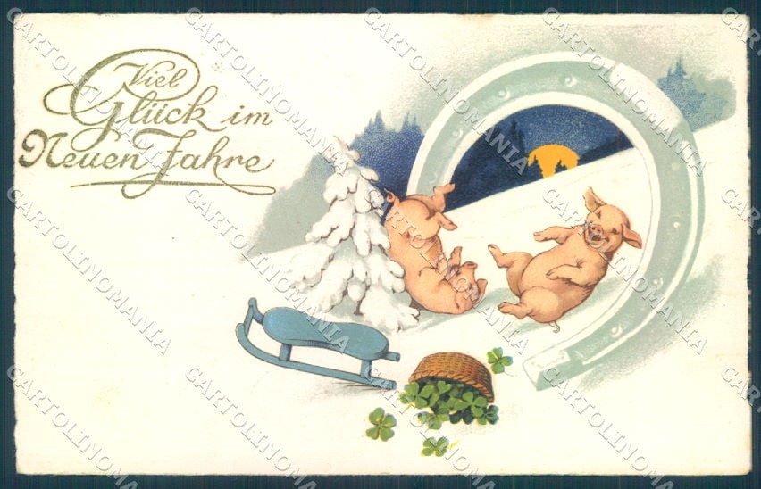New Year Pig Sleigh Four Leaf Clover Horseshoe serie 3226 postcard TW1380 – fronte