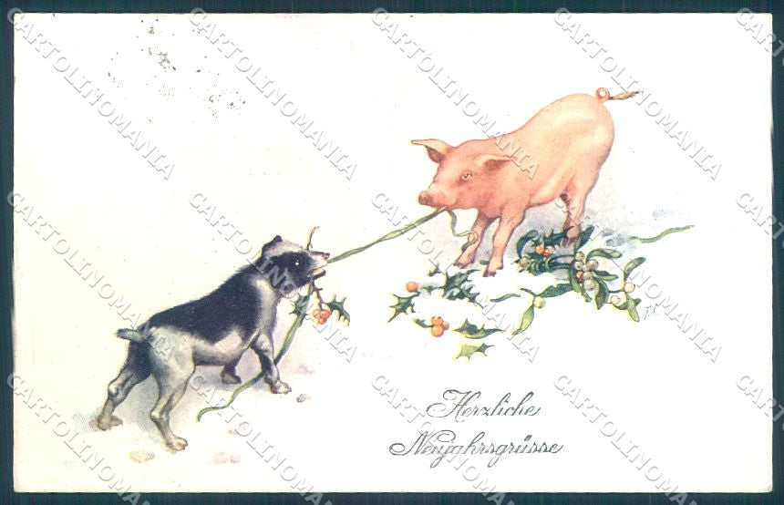 New Year Pig Dog Mistletoe BKWI 3013-4 cartolina postcard TW1385 – fronte
