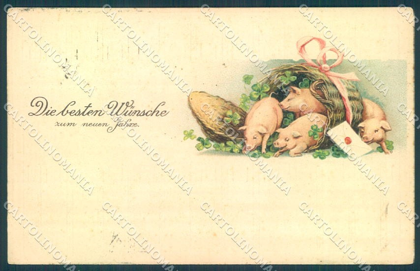 New Year Pig Four Leaf Clover Relief HWB serie 2651 cartolina postcard TW1386 – fronte