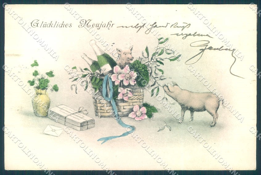 New Year Pig Four Leaf Clover serie 319 cartolina postcard TW1387 – fronte