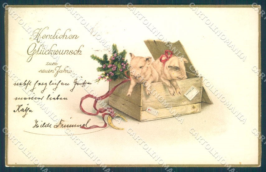 New Year Pig Horseshoe Pittius cartolina postcard TW1388 – fronte